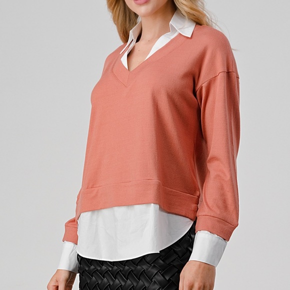 37 V Neck Shirt Contrast Sweater Long Sleeve Top - Picture 2 of 2